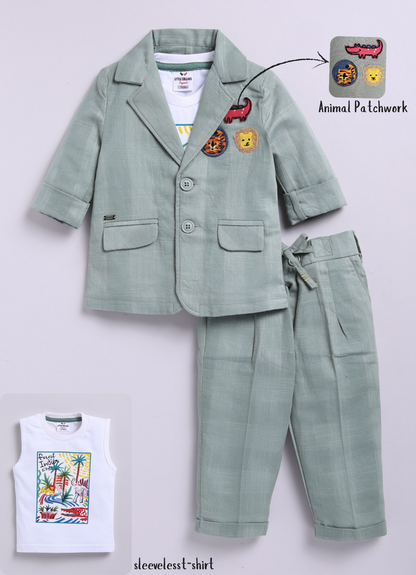 Little Collars Boys Cotton Blazer with Animal Patches, Forest T shirt, Trouser Coat Coord Set - Green