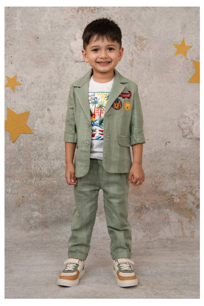 Little Collars Boys Cotton Blazer with Animal Patches, Forest T shirt, Trouser Coat Coord Set - Green