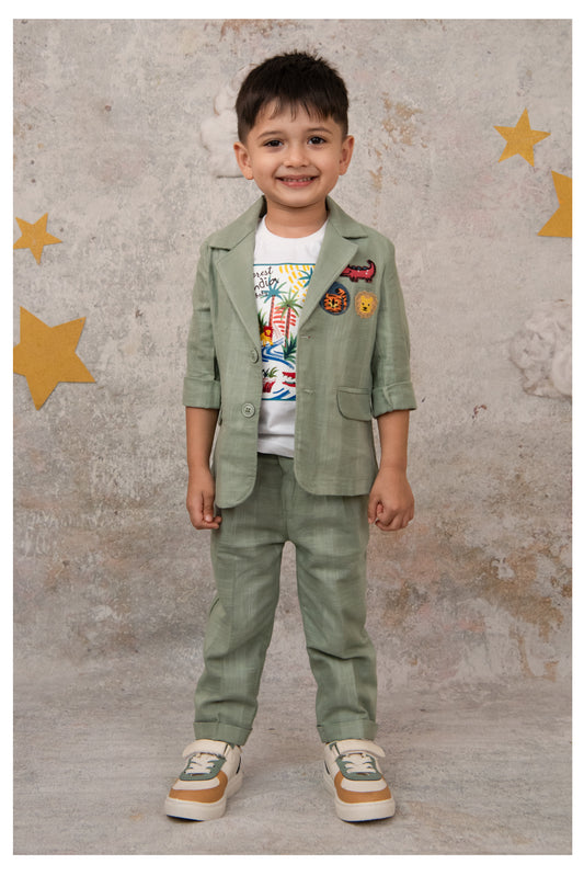 Little Collars Boys Cotton Blazer with Animal Patches, Forest T shirt, Trouser Coat Coord Set - Green