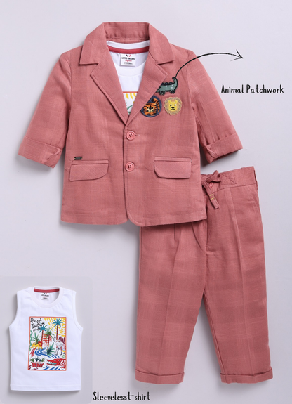 Boys Cotton Blazer with Animal Patches, Forest T shirt, Trouser Coat Coord Set - Peach