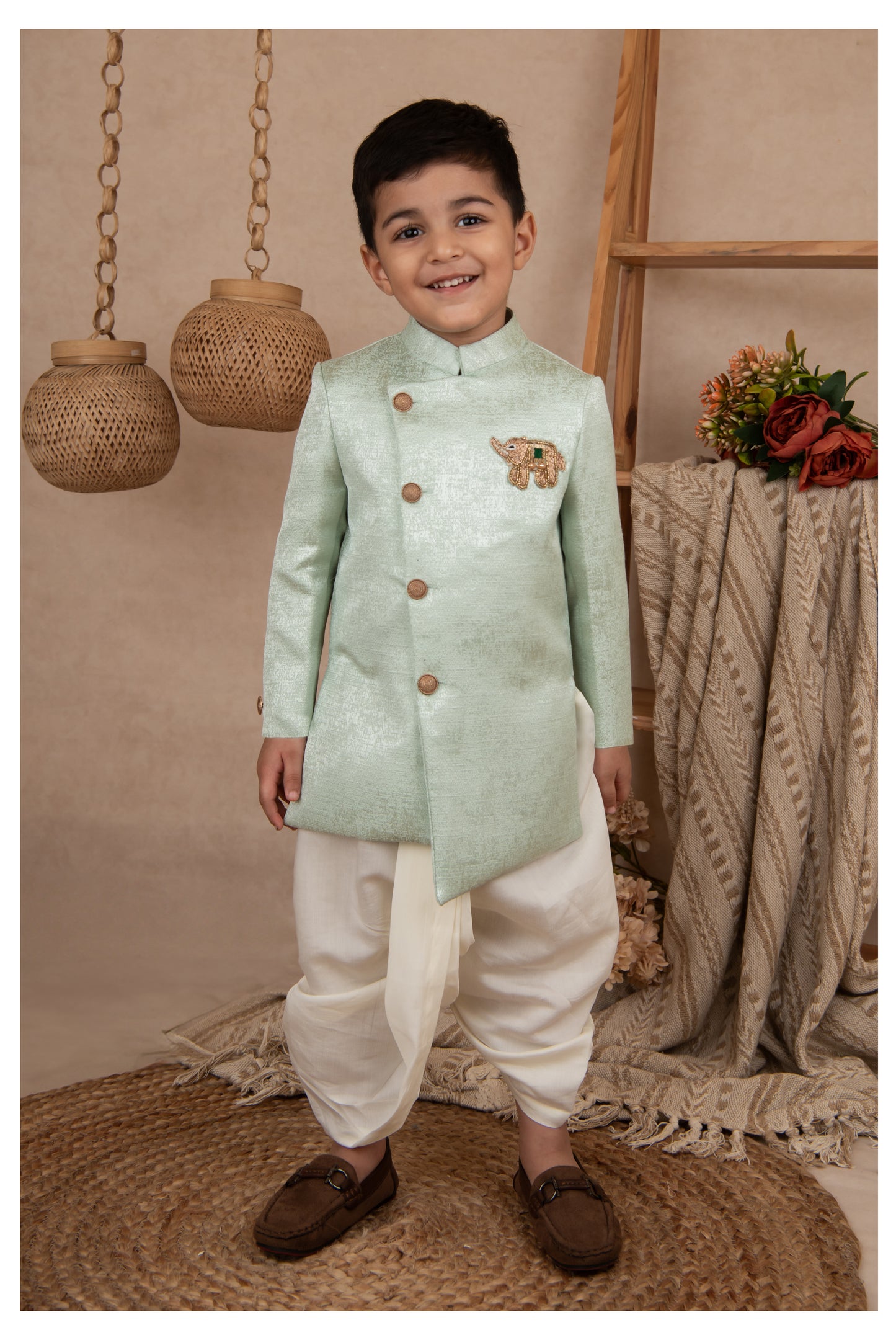 Blended Silk Full Sleeves Self Texture Elephant Hand Embroidered Achkan Bandh gala with Dhoti Ethnicwear Set- Green