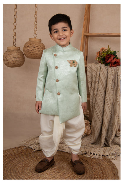 Blended Silk Full Sleeves Self Texture Elephant Hand Embroidered Achkan Bandh gala with Dhoti Ethnicwear Set- Green