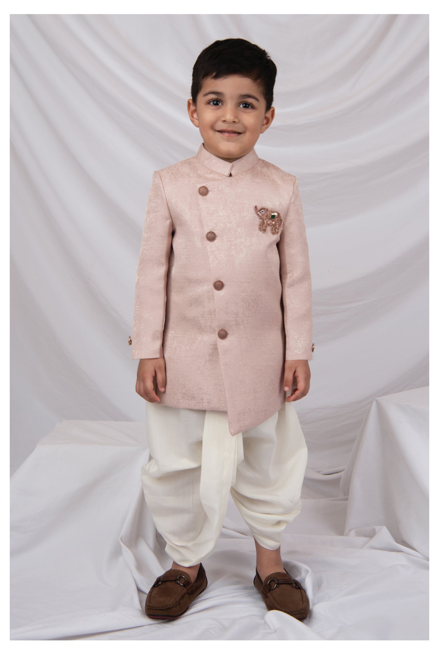 Blended Silk Full Sleeves Self Texture Elephant Hand Embroidered Achkan Bandh gala with Dhoti Ethnic wear Set- Peach