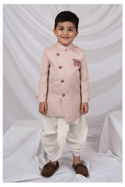 Blended Silk Full Sleeves Self Texture Elephant Hand Embroidered Achkan Bandh gala with Dhoti Ethnic wear Set- Peach