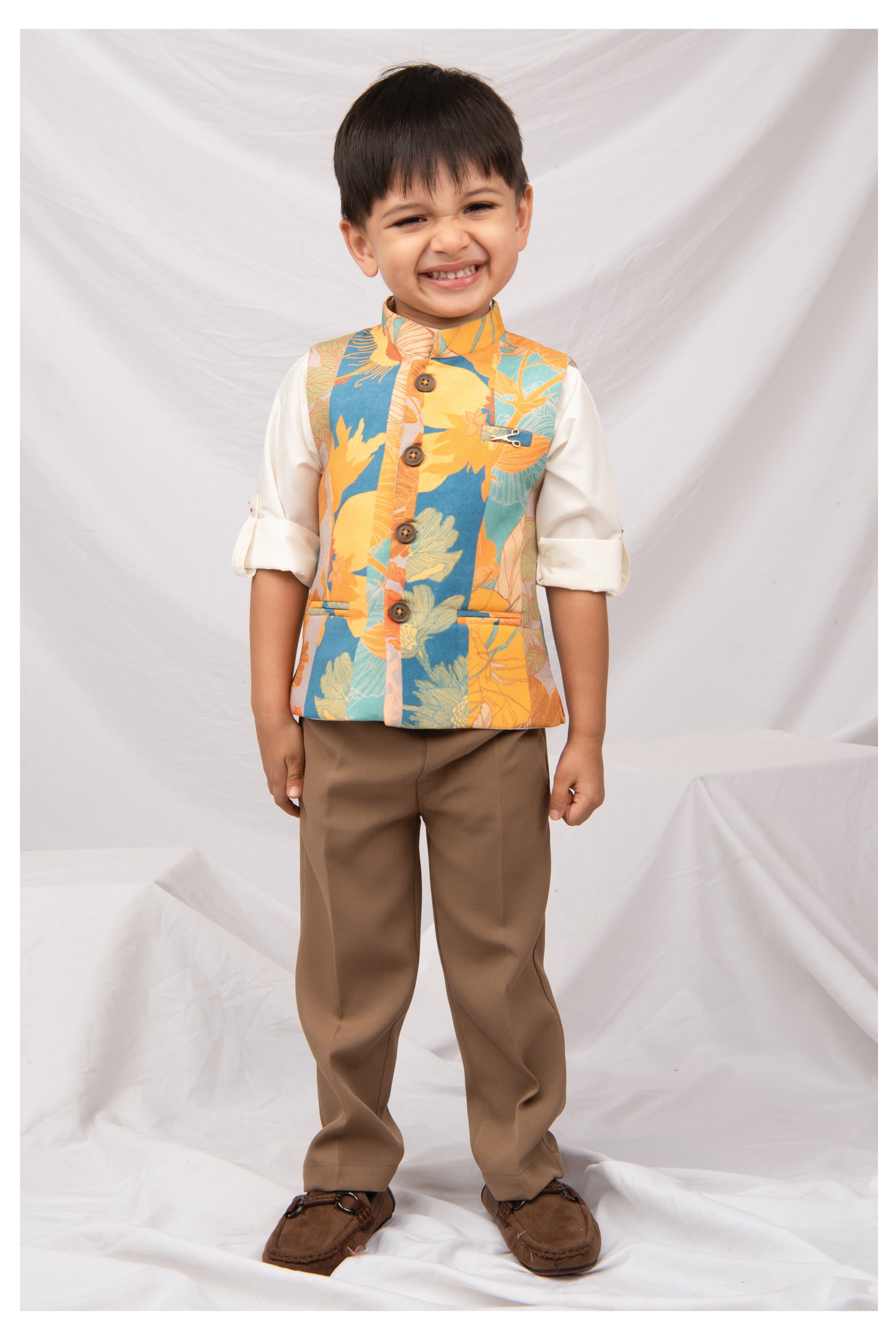 Boys Printed Nehru Jacket with Shirt & Formal Trousers Festive Party Wear Set- Cream