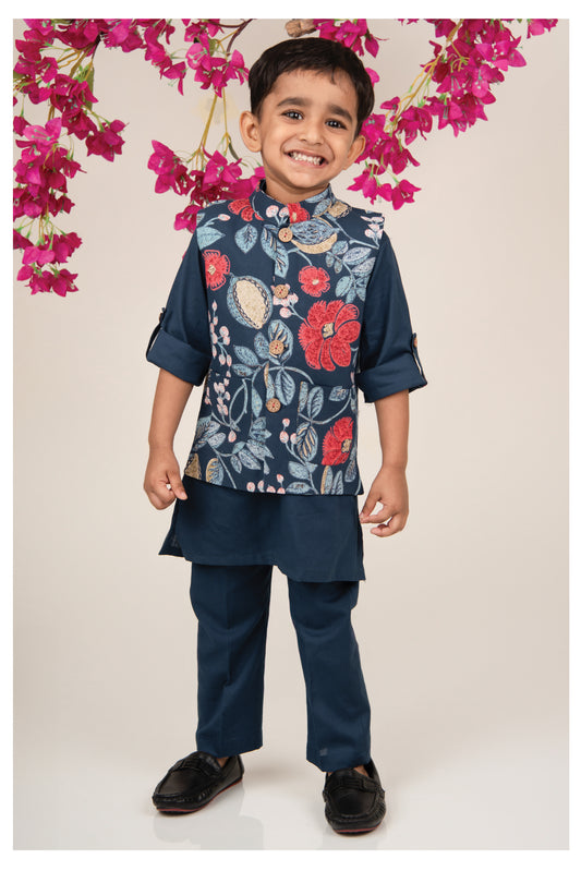 Organic Cotton Woven Full Sleeves Floral Printed Ethnic Jacket Kurta Pajama Set - Blue