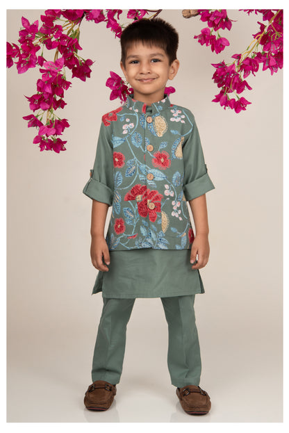 Organic Cotton Woven Full Sleeves Floral Printed Ethnic Jacket Kurta Pajama Set - Green