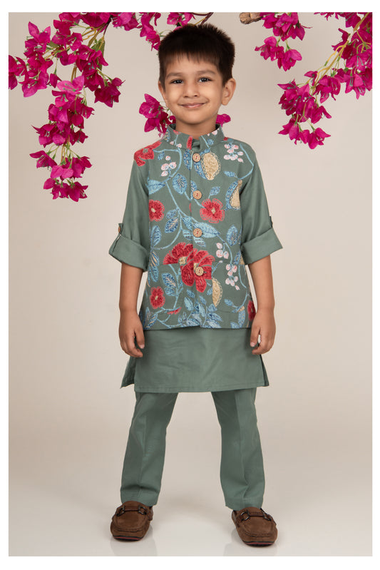 Organic Cotton Woven Full Sleeves Floral Printed Ethnic Jacket Kurta Pajama Set - Green