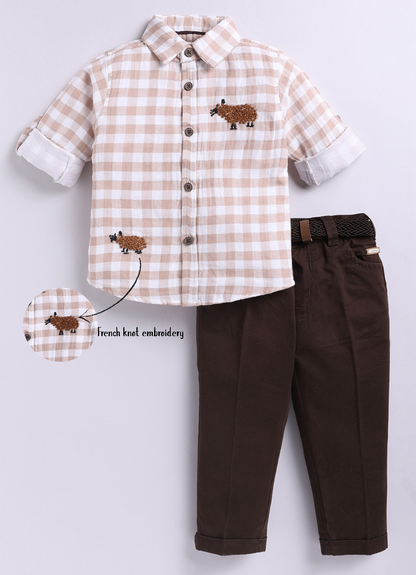 Boys Muslin Cotton Hand Embroidered Sheep Shirt Pant and Belt Set - Coffee