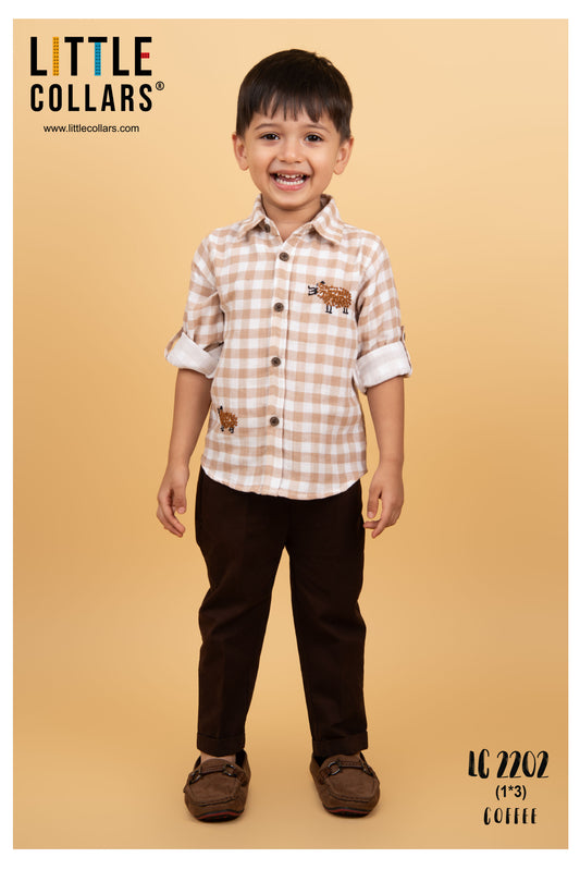Boys Muslin Cotton Hand Embroidered Sheep Shirt Pant and Belt Set - Coffee