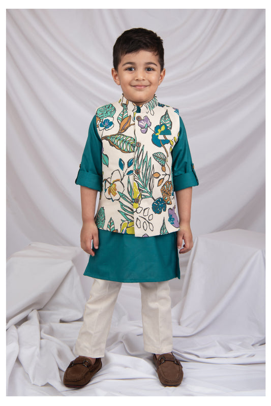 Pure Cotton Woven Full Sleeves Kurta Pajama with Multi Colour Floral Nehru Jacket Ethnic Set- Blue