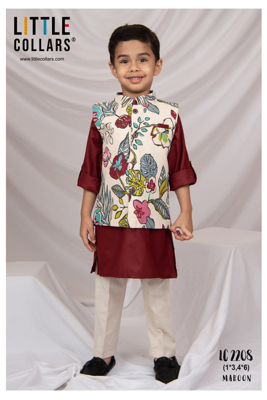 Pure Cotton Woven Full Sleeves Kurta Pajama with Multi Colour Floral Nehru Jacket Ethnic Set- Maroon