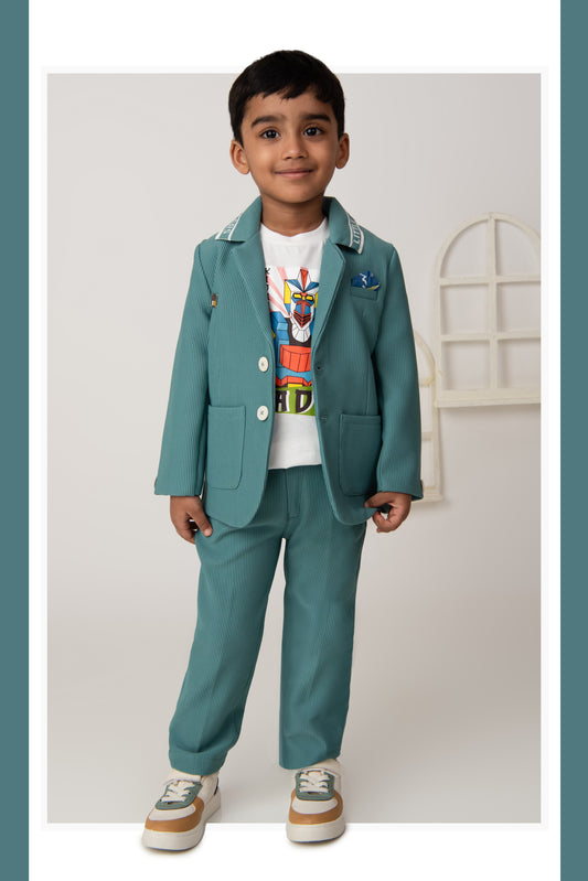 Boys Knitted Full Sleeves Solid Blazer with Bright T shirt, Matching Trousers Coord Set with keychain Coat Set - Green