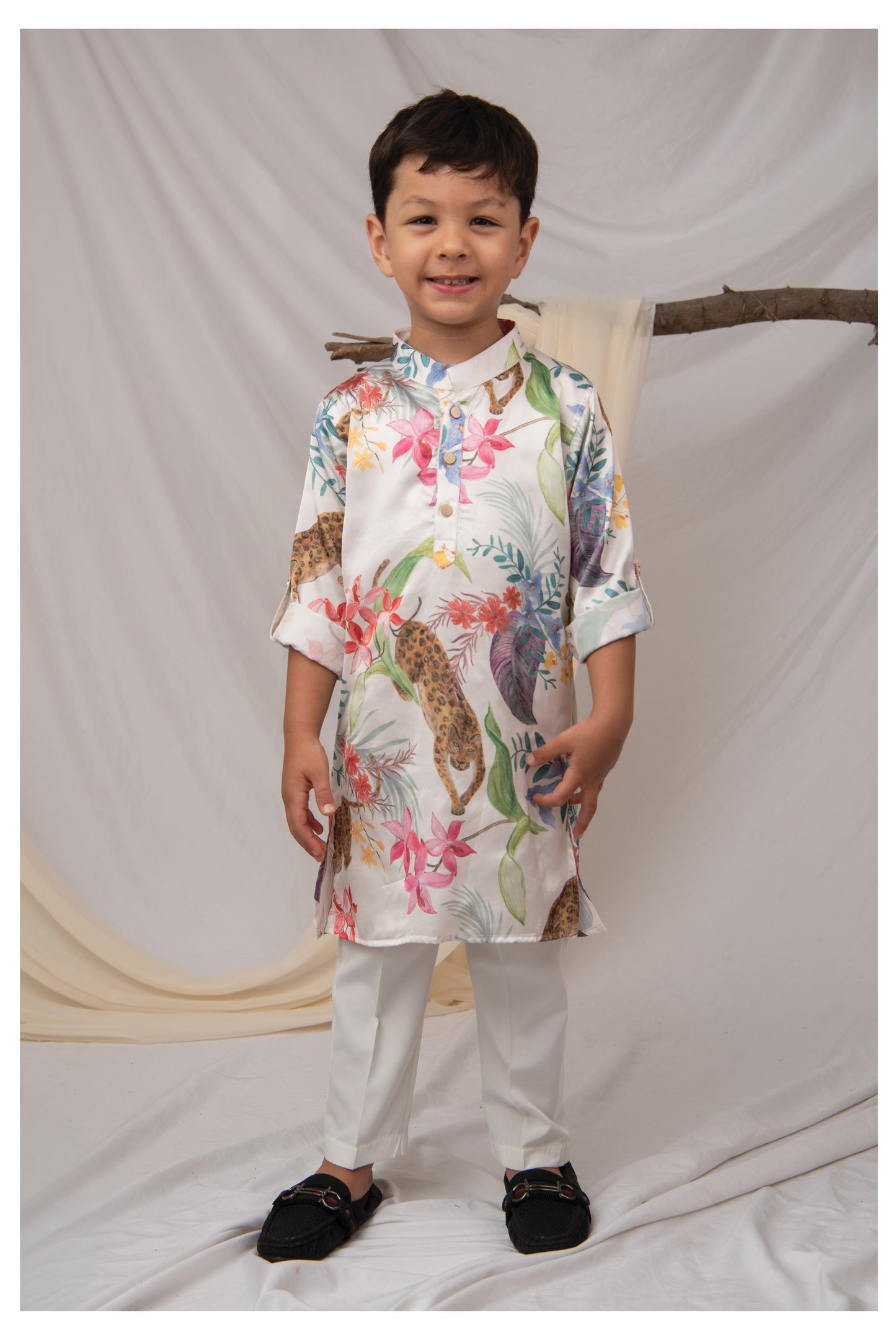 Blended Woven Full Sleeves Forest and Animal Printed Kurta Pajama Ethnic Set- Cream