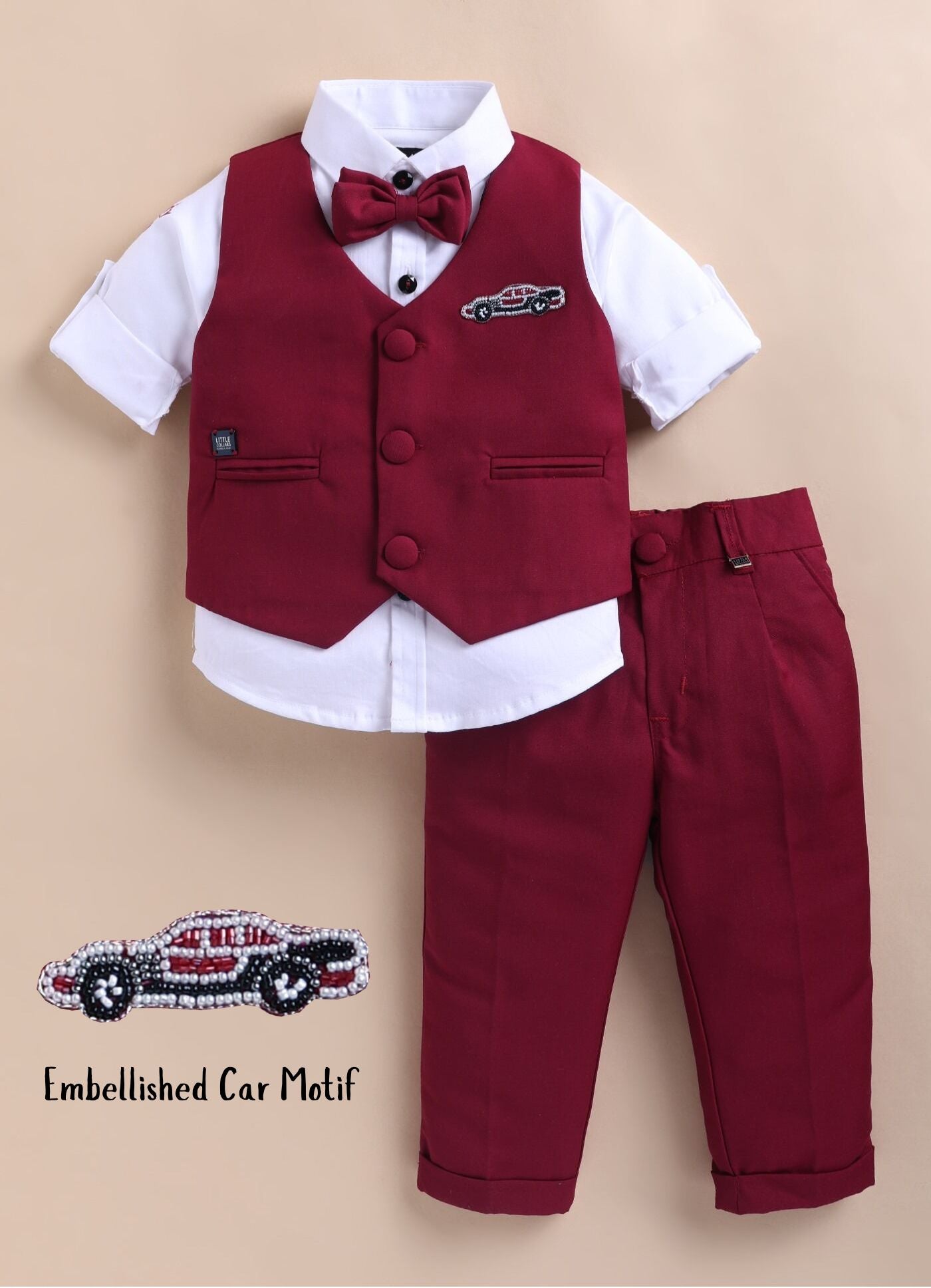 Birthday Boy Car Embellished Solid Full Sleeves Waistcoat Pant, Shirt and Bow Partywear Set-  Red