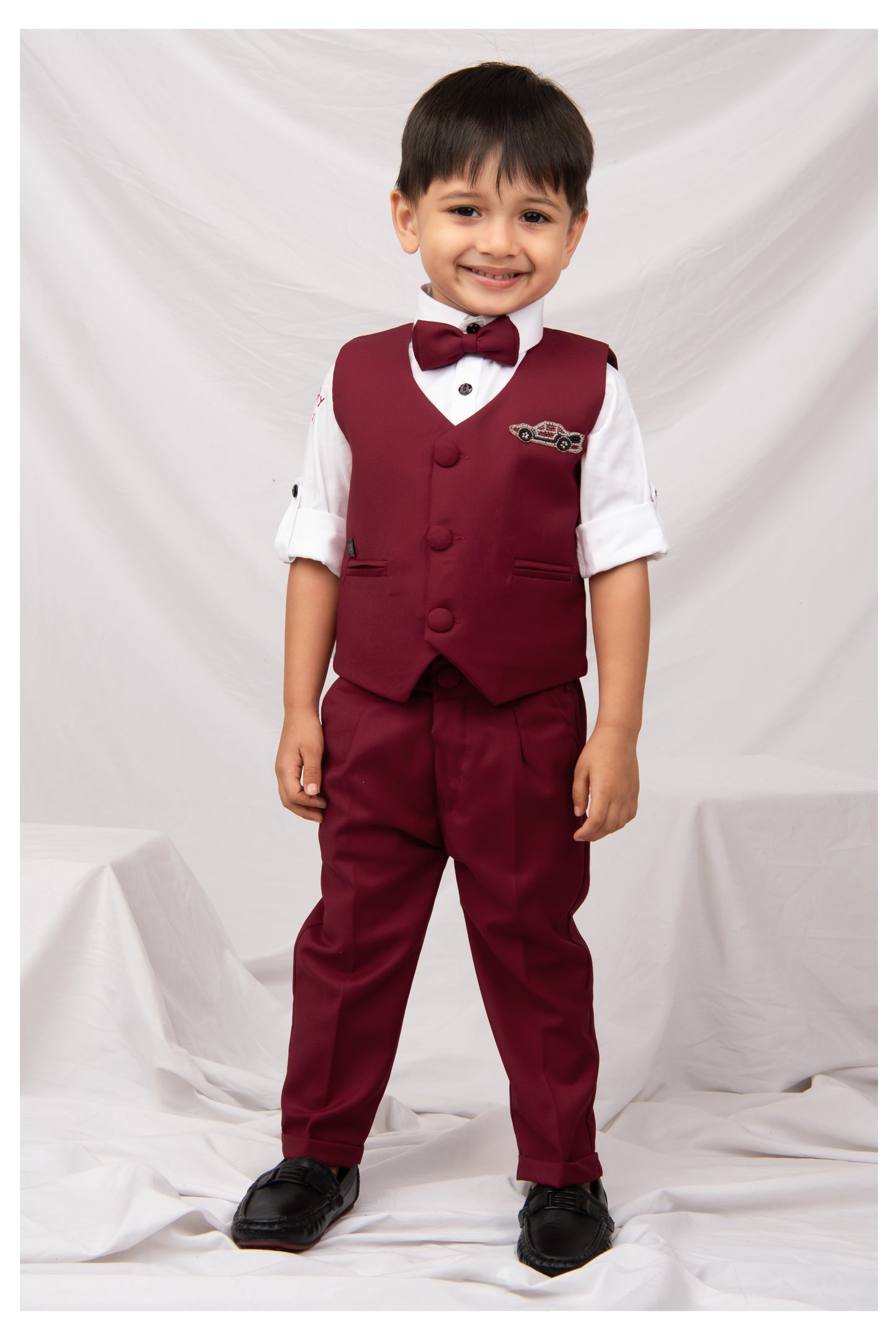 Birthday Boy Car Embellished Solid Full Sleeves Waistcoat Pant, Shirt and Bow Partywear Set-  Red