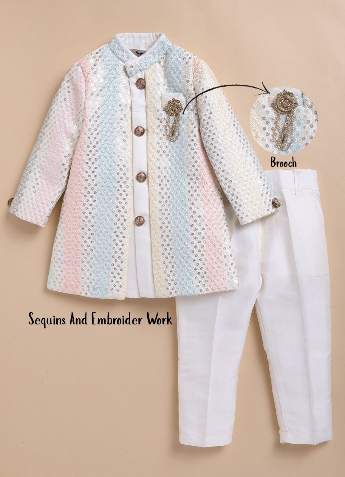 Boys Exquisite Embroidered and Sequins Sherwani & Pajama Ethnic Set with Brooch - Cream