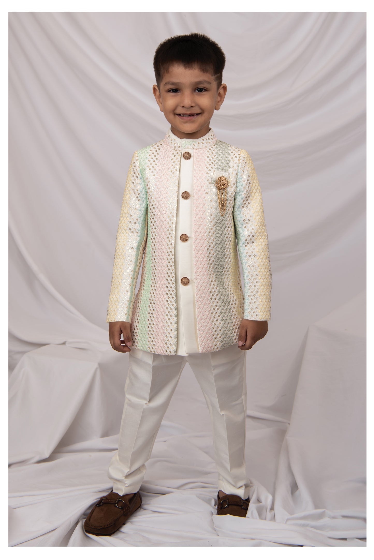 Boys Exquisite Embroidered and Sequins Sherwani & Pajama Ethnic Set with Brooch - Cream