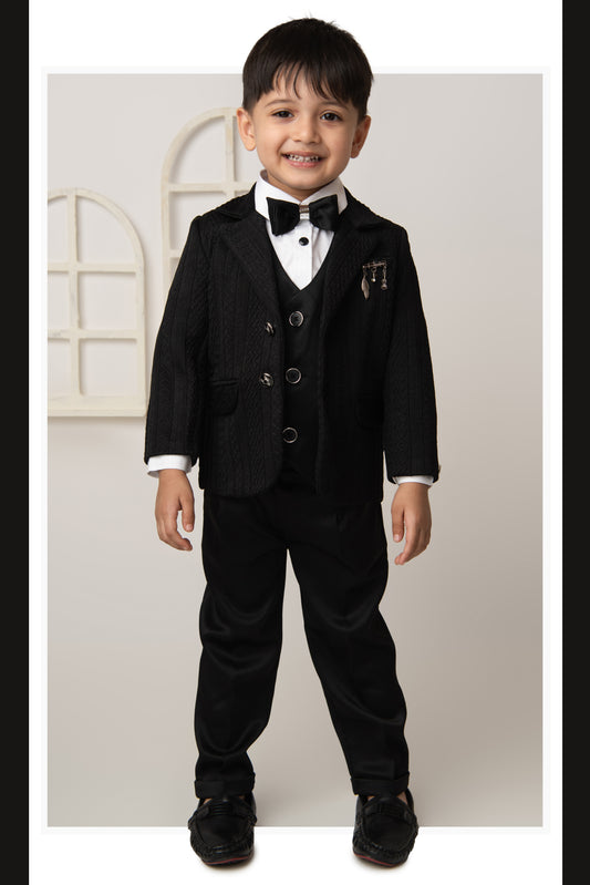 Blended Jaquard Woven Full Sleeves Coat Pant with Tuxedo Shirt, Bow and Brooch Pin Formal Coat Set- Black