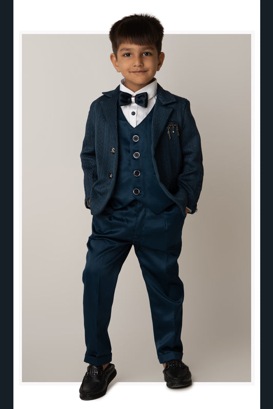 Blended Jaquard Woven Full Sleeves Coat Pant with Tuxedo Shirt, Bow and Brooch Pin Formal Coat Set- P.Blue