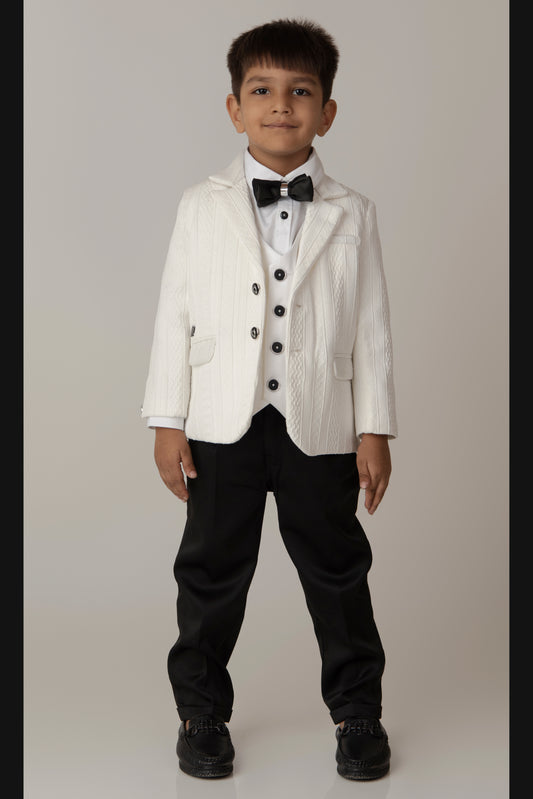 Blended Jaquard Woven Full Sleeves Coat Pant with Tuxedo Shirt, Bow and Brooch Pin Formal Coat Set- White