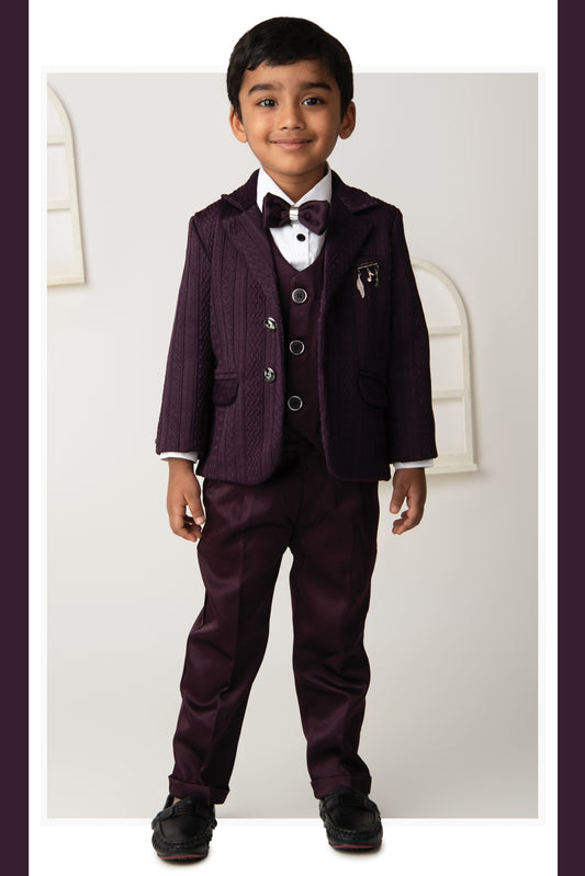 Blended Jaquard Woven Full Sleeves Coat Pant with Tuxedo Shirt, Bow and Brooch Pin Formal Coat Set- Wine
