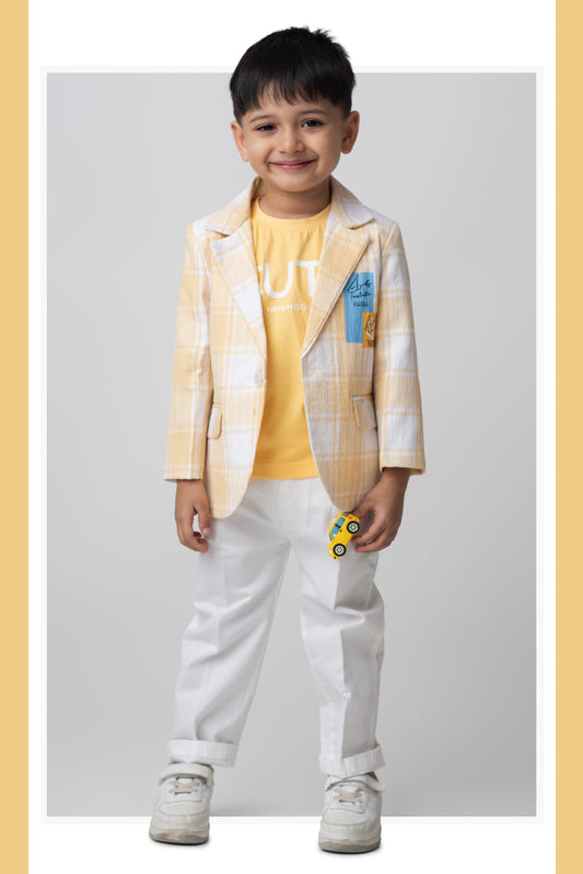 Boys Casual Summer Cool Checkered Blazer T-Shirt & Pant and Keychain Set - Yellow