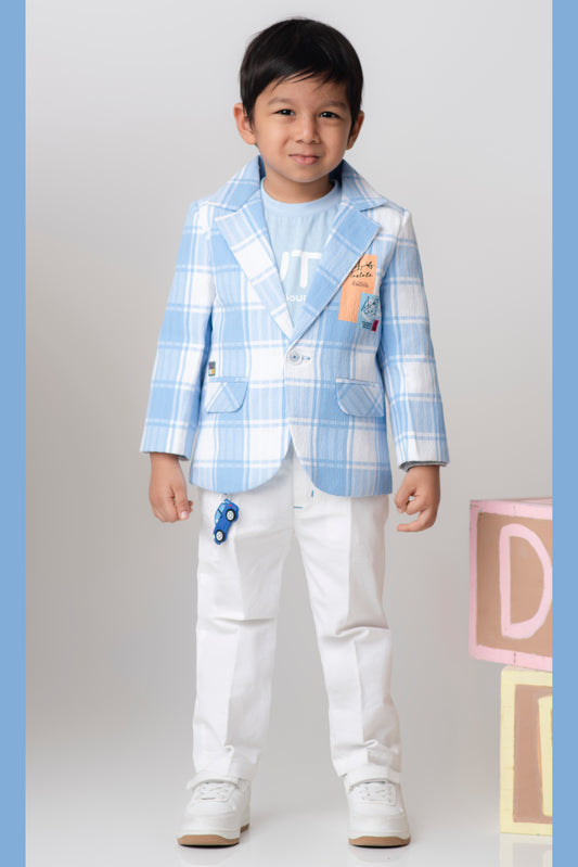 Boys Casual Summer Cool Checkered Blazer T-Shirt & Pant and Keychain Set - Blue
