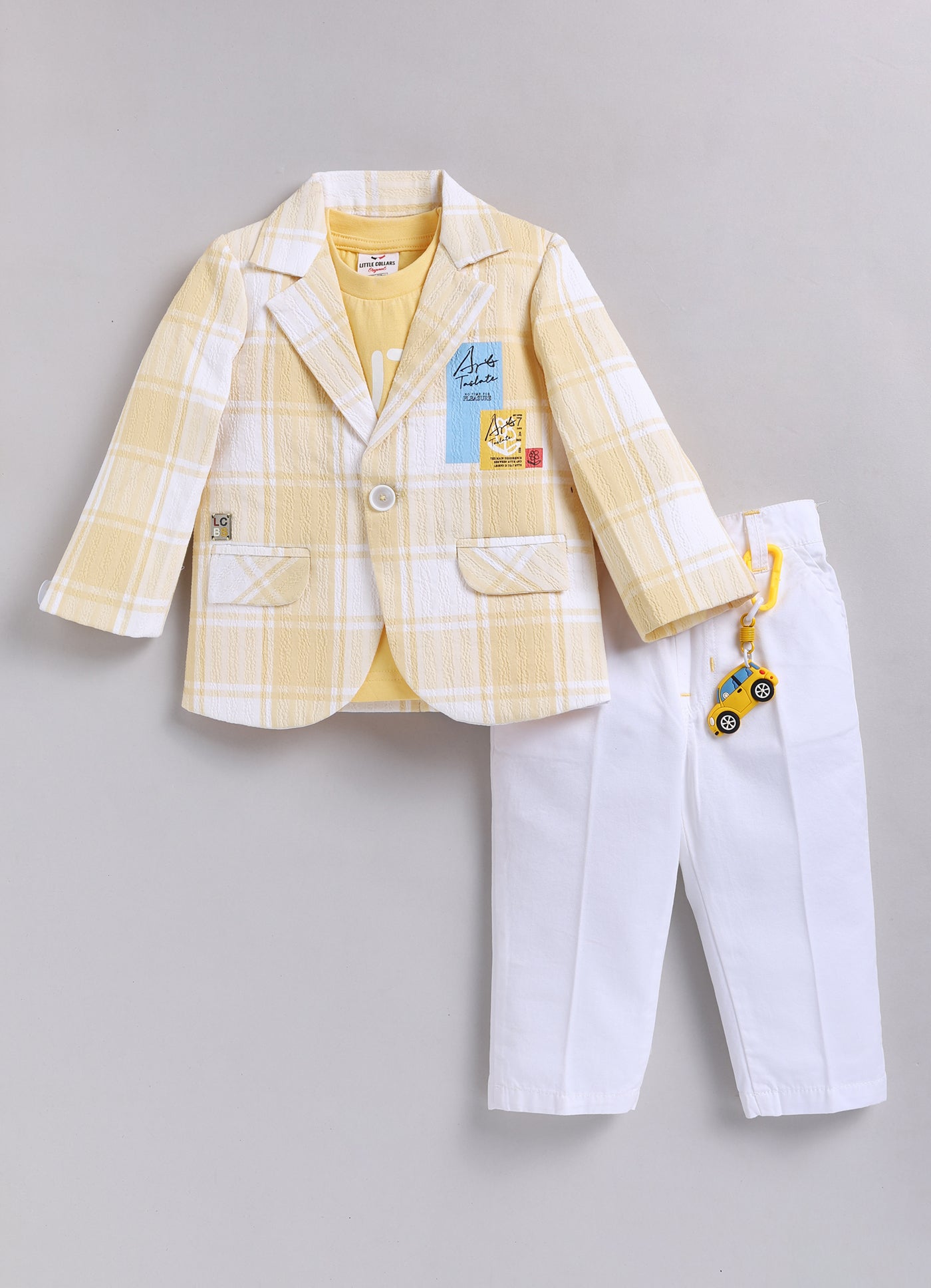 Boys Casual Summer Cool Checkered Blazer T-Shirt & Pant and Keychain Set - Yellow