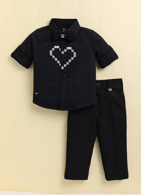 Boys  Full Sleeves Formal Jaquard and Heart Patch Shirt and Trousers with Bow Set- Black