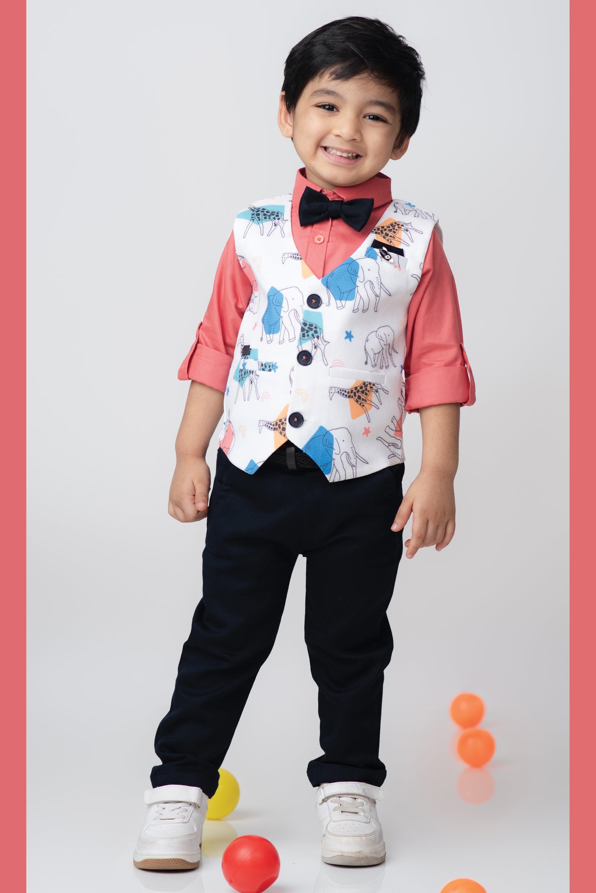 Boys Blended Cotton Woven Animal Printed Waistcoat with Full Sleevs Shirt, Pant, Bow and Belt Set - Peach