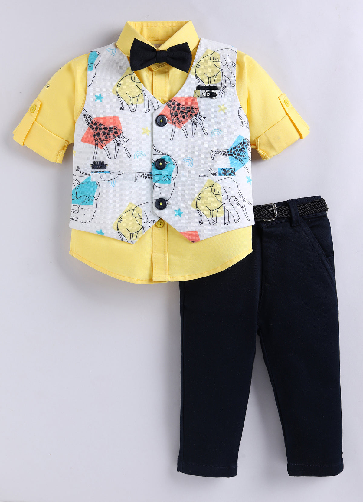 Boys Blended Cotton Woven Animal Printed Waistcoat with Full Sleevs Shirt, Pant, Bow and Belt Set - Yellow