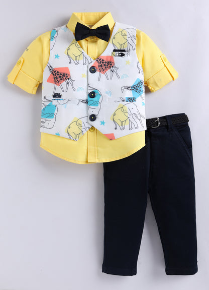Boys Blended Cotton Woven Animal Printed Waistcoat with Full Sleevs Shirt, Pant, Bow and Belt Set - Yellow