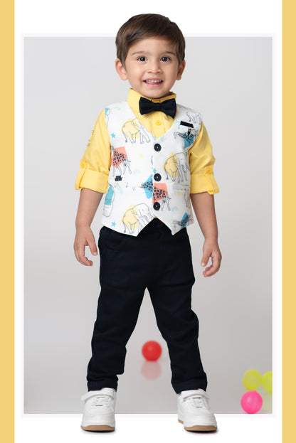 Boys Blended Cotton Woven Animal Printed Waistcoat with Full Sleevs Shirt, Pant, Bow and Belt Set - Yellow