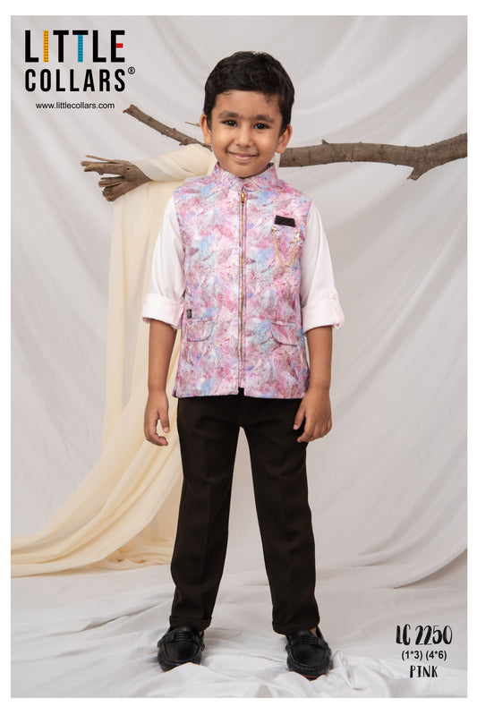 Blended Printed and Embroidered Woven Full Sleeves Zippered Nehru Jacket with Coloured Shirt Pant Brooch Set- Pink