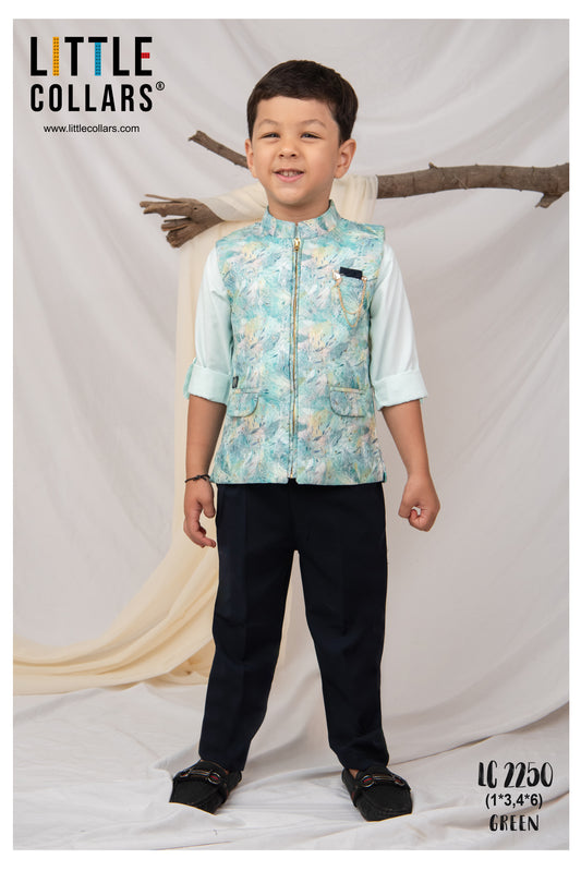 Blended Printed and Embroidered Woven Full Sleeves Zippered Nehru Jacket with Coloured Shirt Pant Brooch Set- Green