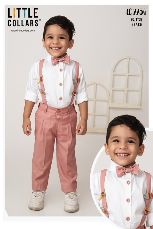 Blended Woven Full Sleeves Solid Candy Toffee Ice-cream Theme Hand Embroidered Motifs in Suspender with Shirt and Pant Bow Formal Shirt Pant Suspender Set- Peach