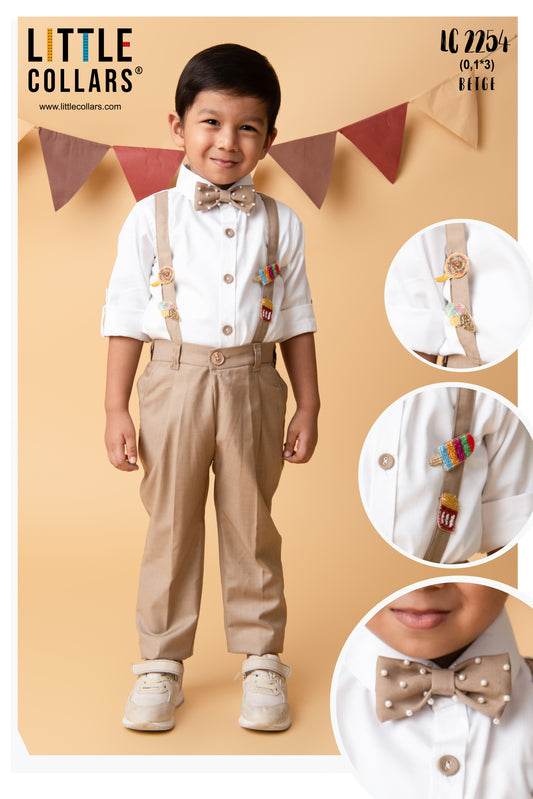 Blended Woven Full Sleeves Solid Candy Toffee Ice-cream Theme Hand Embroidered Motifs in Suspender with Shirt and Pant Bow Formal Shirt Pant Suspender Set- Beige
