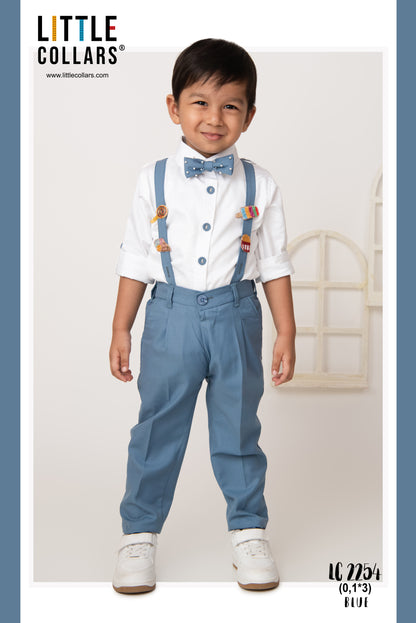 Blended Woven Full Sleeves Solid Candy Toffee Ice-cream Theme Hand Embroidered Motifs in Suspender with Shirt and Pant Bow Formal Shirt Pant Suspender Set- Blue