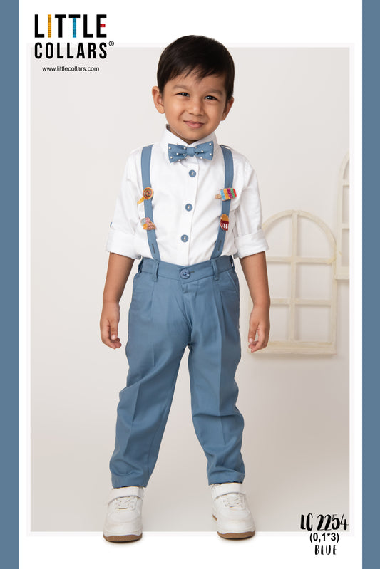 Blended Woven Full Sleeves Solid Candy Toffee Ice-cream Theme Hand Embroidered Motifs in Suspender with Shirt and Pant Bow Formal Shirt Pant Suspender Set- Blue