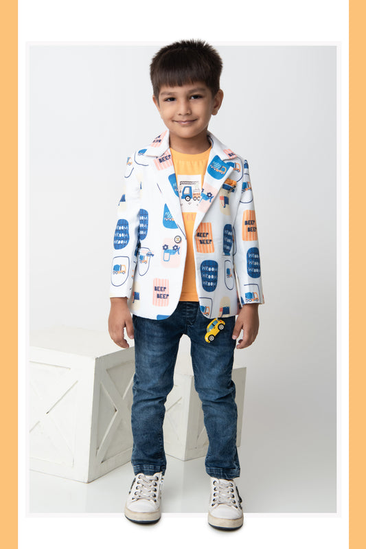 Boys Cotton Printed Blazer with Solid Car T shirt, Denim Jeans Pant with keychain Coat Set - Yellow