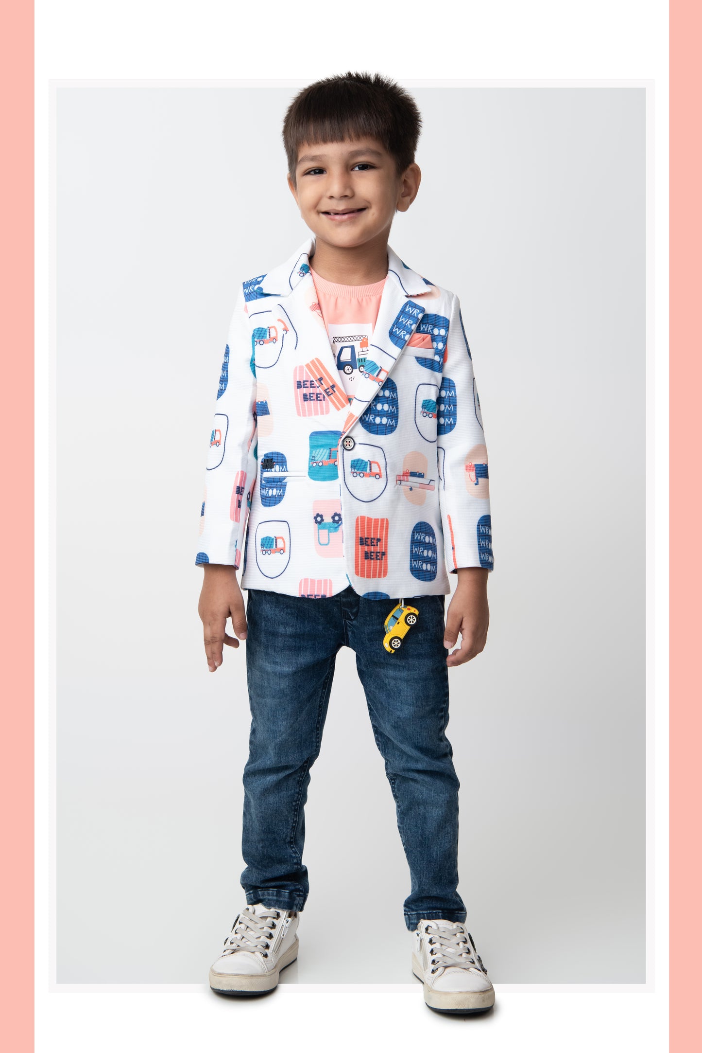 Boys Cotton Printed Blazer with Solid Car T shirt, Denim Jeans Pant with keychain Coat Set - Peach