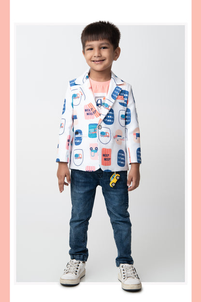 Boys Cotton Printed Blazer with Solid Car T shirt, Denim Jeans Pant with keychain Coat Set - Peach