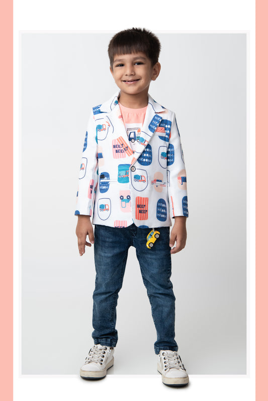 Boys Cotton Printed Blazer with Solid Car T shirt, Denim Jeans Pant with keychain Coat Set - Peach
