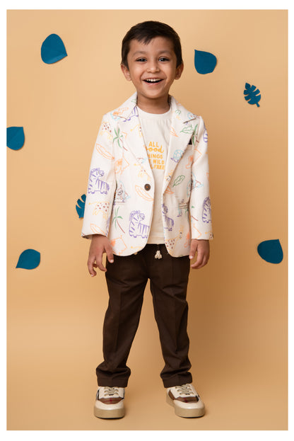 Boys Blended Cotton Woven Full Sleeves Casual Animal Printed Blazer T-Shirt & Pant Coat Set with Dori Belt- Cream