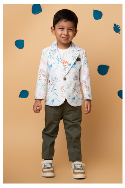 Boys Blended Cotton Woven Full Sleeves Casual Animal Printed Blazer T-Shirt & Pant Coat Set with Dori Belt- Green