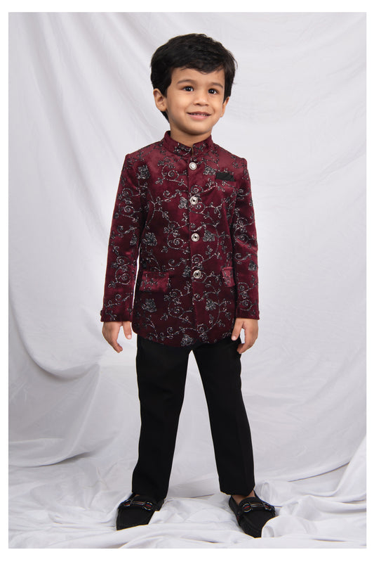Velvet Woven Full Sleeves Self Textured Embroidered Prince Coat  & Solid Pant Party Wear Set - Maroon