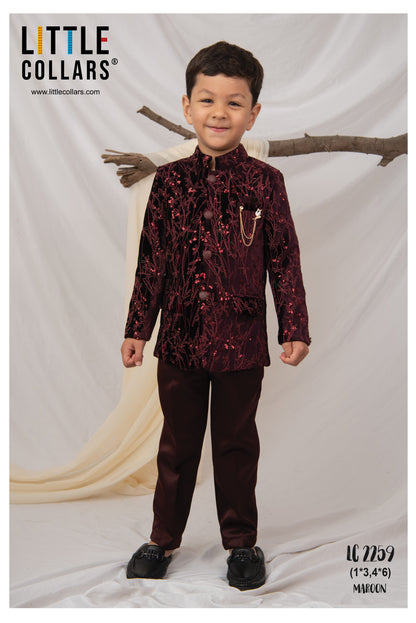 Velvet Full Sleeves Heavy All over Embellished and Embroidered Bandhgala Prince Coat with Trousers Ethnicwear Set- Maroon