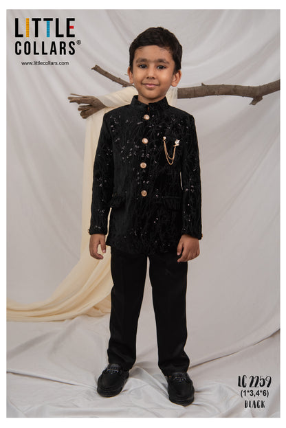 Velvet Full Sleeves Heavy All over Embellished and Embroidered Bandhgala Prince Coat with Trousers Ethnicwear Set- Black