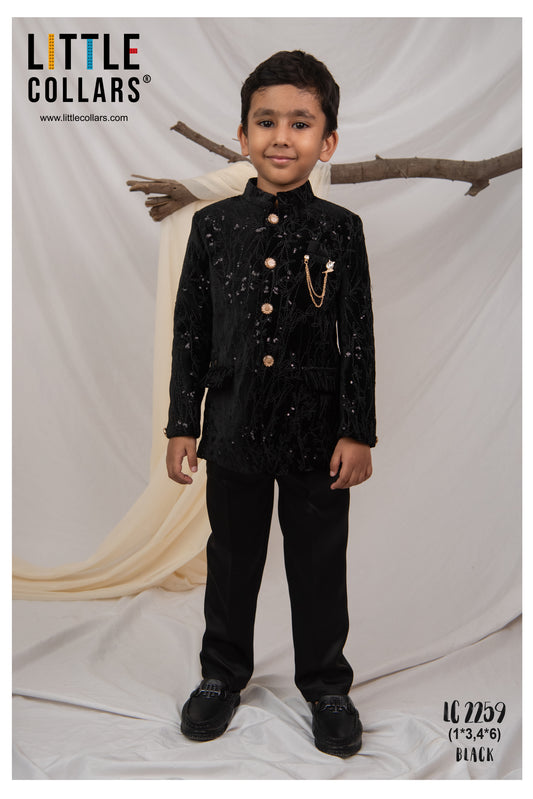 Velvet Full Sleeves Heavy All over Embellished and Embroidered Bandhgala Prince Coat with Trousers Ethnicwear Set- Black